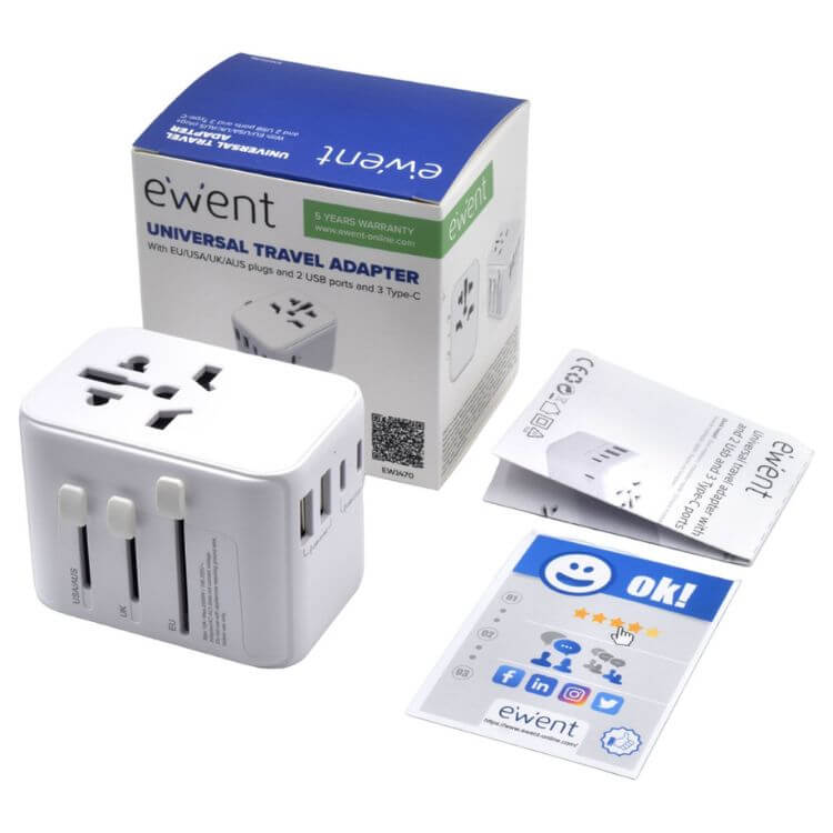 Adaptador de Viagem Universal Ewent EW1470 EU/EUA/UK/AUS 2x USB + 3x USB-C