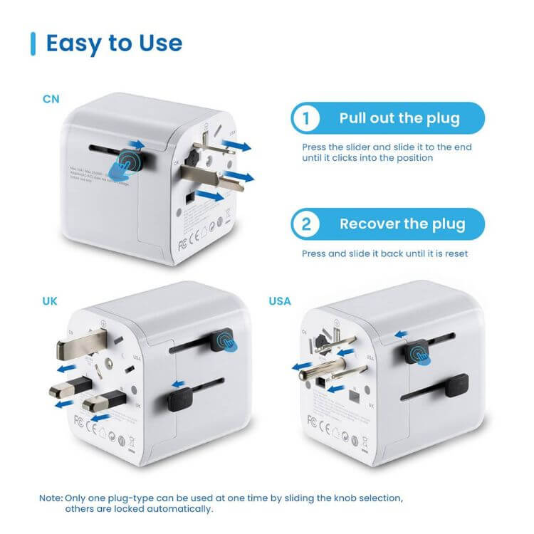 Adaptador de Viagem Universal Ewent EW1472 EUA/UK/AUS/CN Schuko 1x USB + 1x USB-C