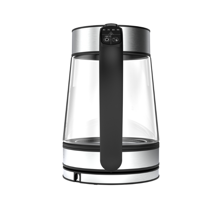 Aeno EK1S electric kettle, 1.7L, black and silver, temperature control panel visible.