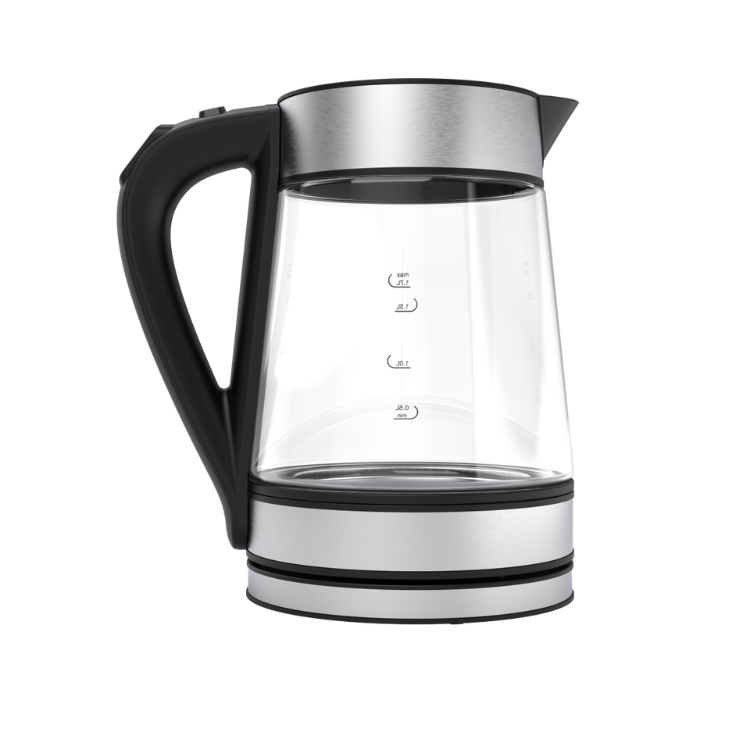 Black and silver AENO electric kettle, 1.7L, clear glass body, measurements marked.