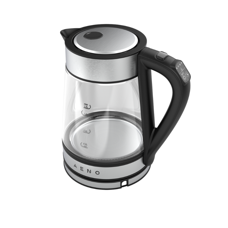 Aeno EK1S electric kettle, 1.7L, black and silver, with digital controls and clear glass body.