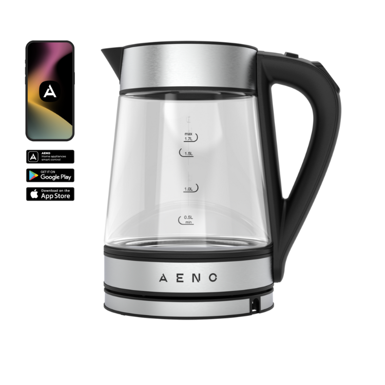 Aeno EK1S electric kettle, 1.7L, black and silver, with measurement markings.