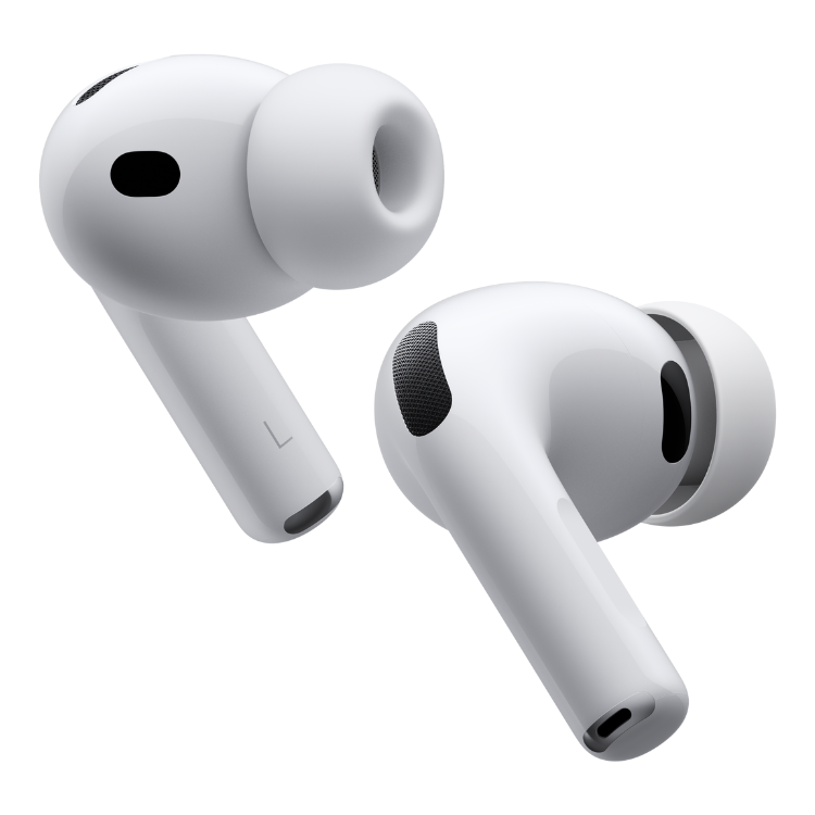 AirPods Pro 3 Apple brancos, dois auriculares bluetooth sem fio virados um para o outro.