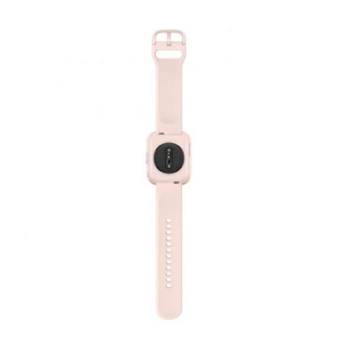 Smartwatch Amazfit Bip 5 rosa com pulseira de silicone e ecrã.