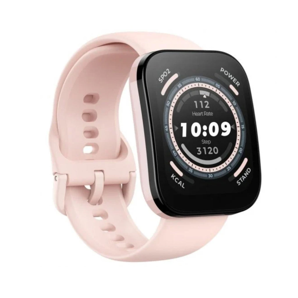 Smartwatch Amazfit Bip 5 rosa com pulseira de silicone e ecrã preto a mostrar o tempo 10:09 e dados de saúde.