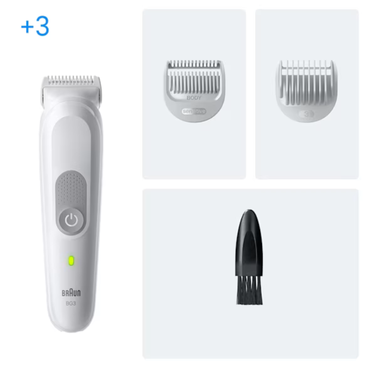Braun Body Groomer Series 3, white trimmer with attachments.