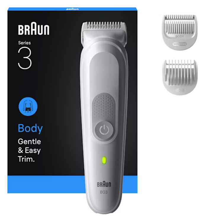Braun Series 3 Body Groomer, white trimmer with gray accents and two attachments.