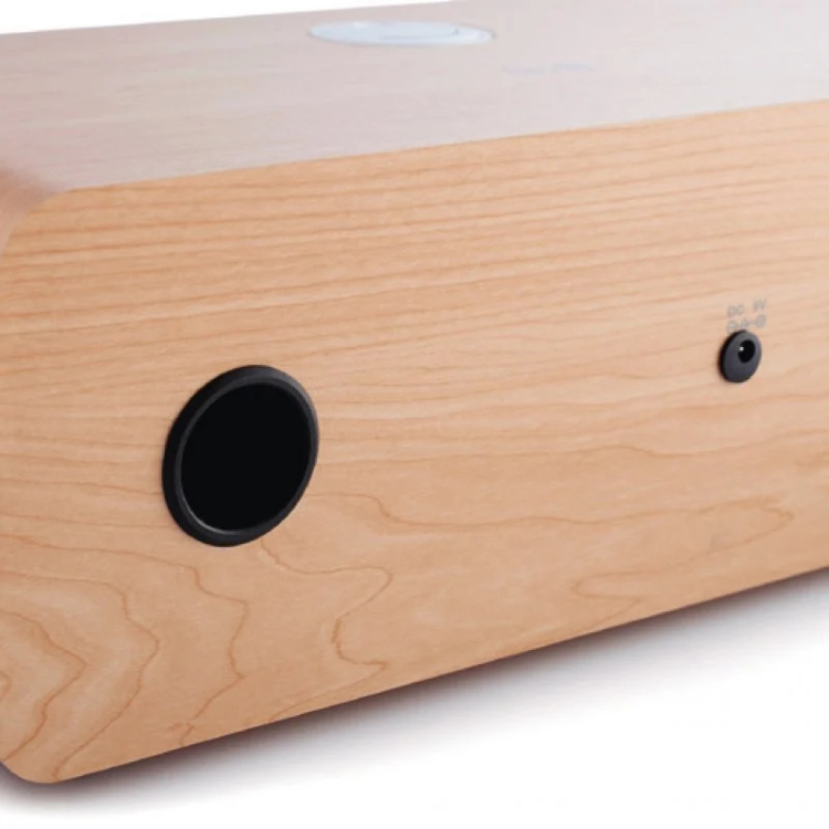 Thomson MIC201IBT wooden Bluetooth speaker, 50W, white accents, close-up of wood grain and ports.