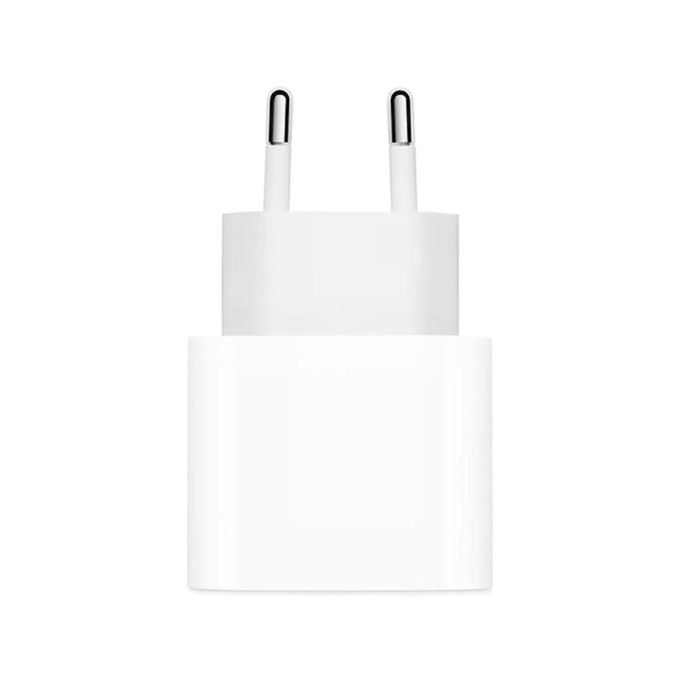 Carregador USB-C branco de 20W com ficha de dois pinos.