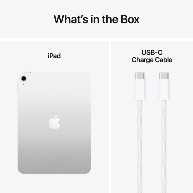 Tablet Apple iPad prata com logotipo Apple, lado a lado com cabo de carregamento USB-C branco.