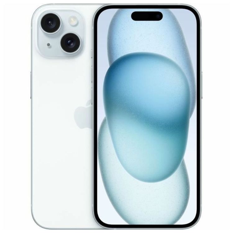 iPhone 15, branco, 256GB, lado esquerdo virado para trás e lado direito com imagem azul na tela.