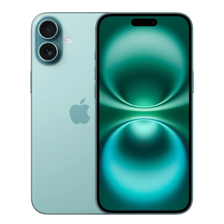 iPhone 16, cor Teal, 128GB, ecrã OLED, câmaras duplas, marca Apple.