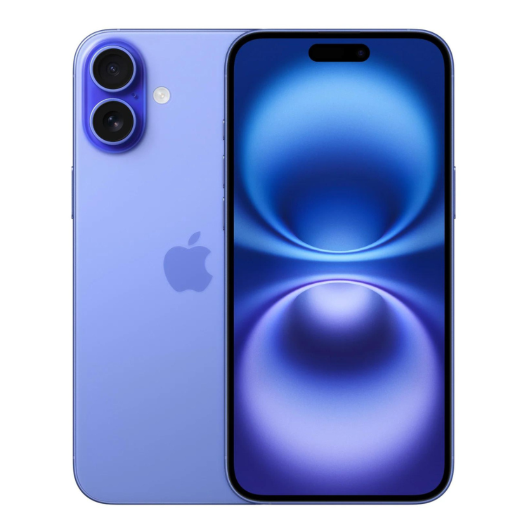 iPhone 16, ultramarino, 128GB, smartphone Apple com duas câmaras e ecrã azul.