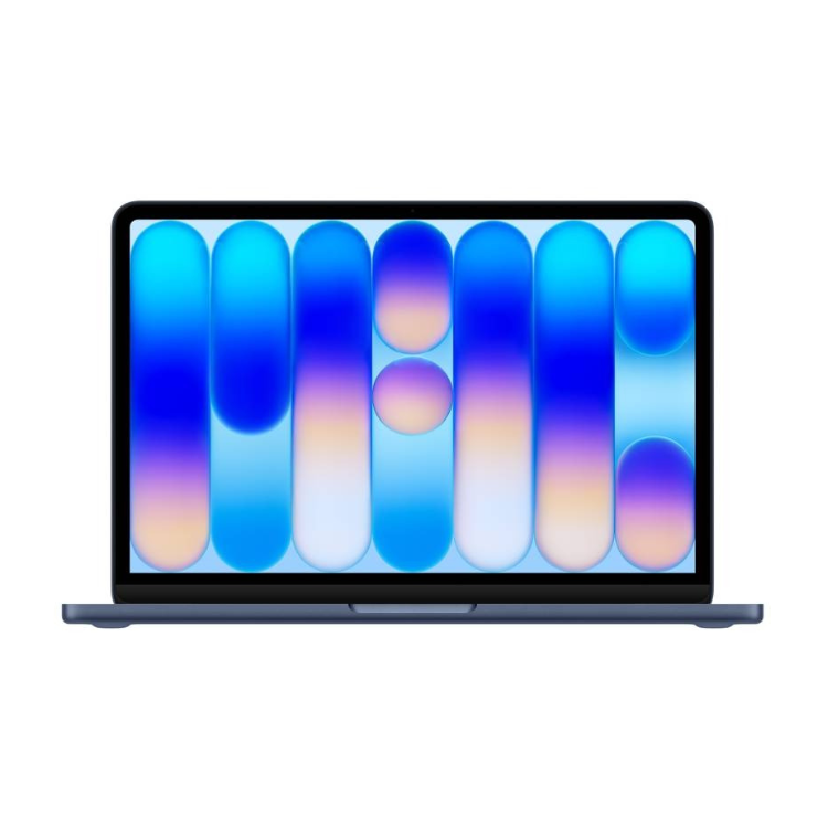 MacBook Neo 13" A18 Pro, 8GB/256GB, azul, ecrã ligado com padrão de círculos coloridos.