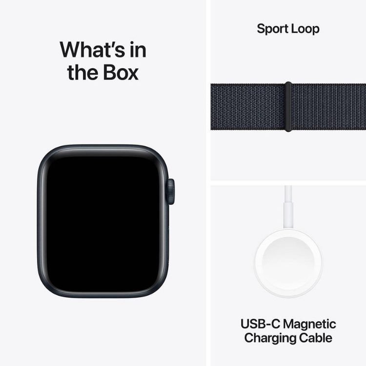 Apple Watch SE preto 40mm com bracelete desportiva preta e cabo de carregamento magnético USB-C.