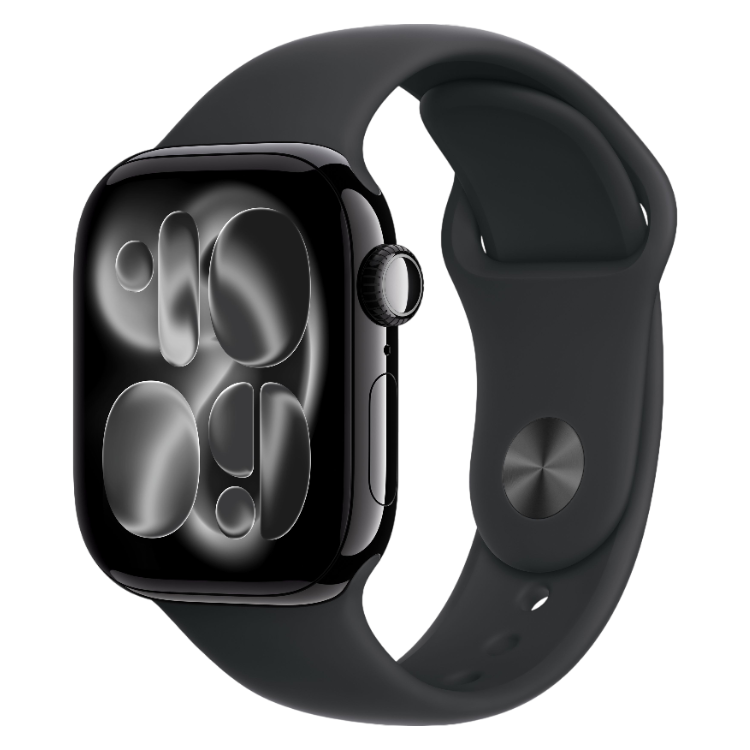 Smartwatch Apple Watch Series 11, alumínio preto, 46mm, com bracelete desportiva preta.