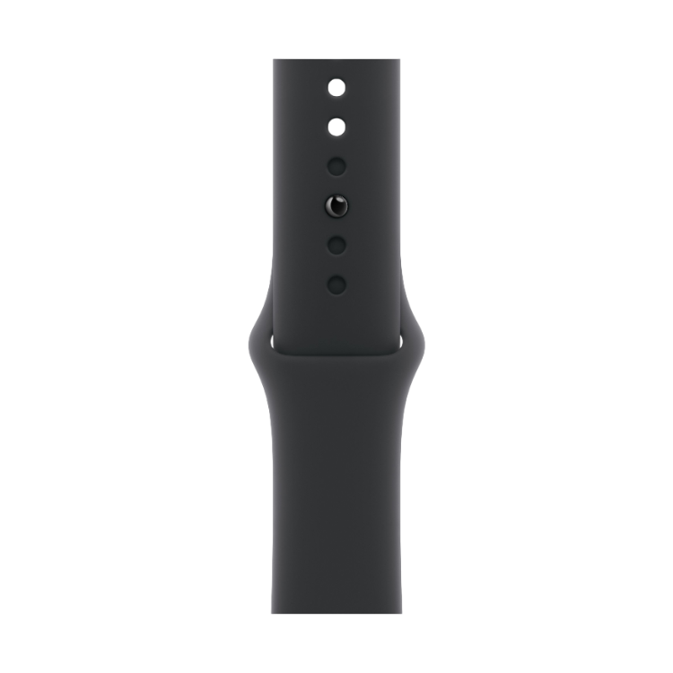 Pulseira desportiva preta para smartwatch, com furos para ajuste de tamanho.