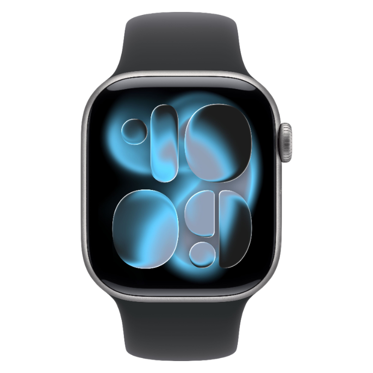 Smartwatch Apple cinzento com bracelete preta, ecrã preto com ícones azuis.
