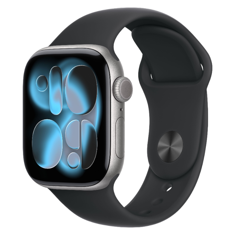 Apple Watch Series 11, alumínio cinzento, 42mm, com bracelete desportiva preta.