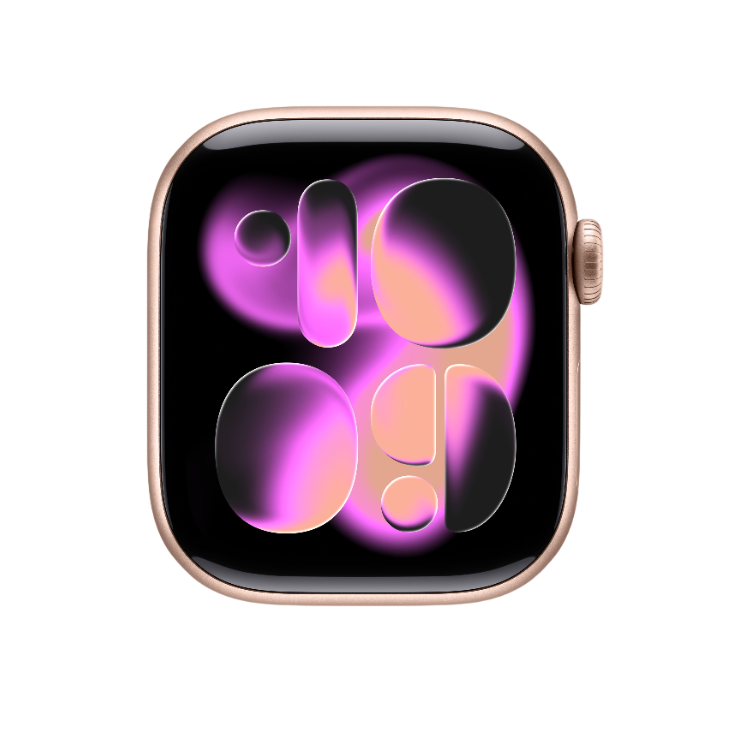 Smartwatch Apple Watch Series 11, 46mm, alumínio rosa dourado, ecrã preto com números rosa.