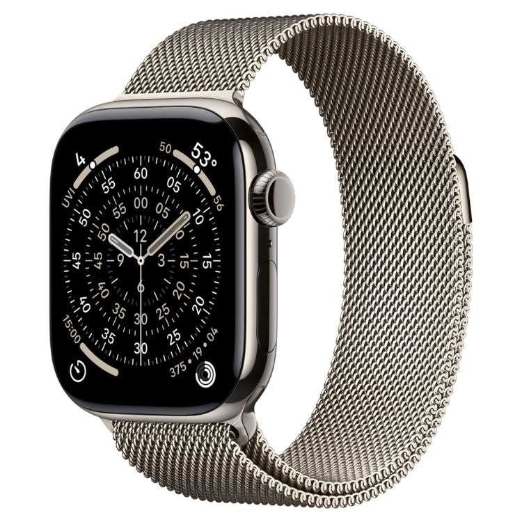 Smartwatch Apple Watch Series 11 GPS + Cellular 42mm em titânio natural com bracelete Loop Milanesa natural.