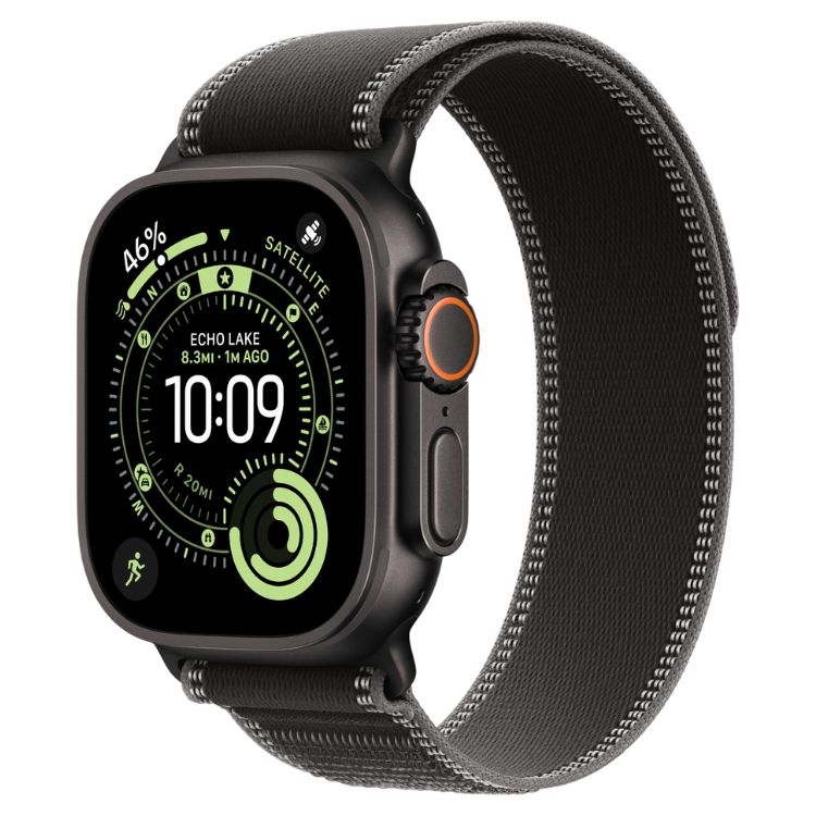 Apple Watch Ultra 3, 49mm, titânio preto, bracelete Loop Trail preta, ecrã preto com mostrador verde.