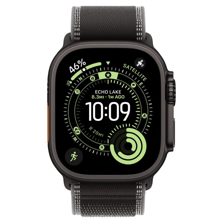 Apple Watch Ultra 3 preto com bracelete Loop Trail preto, ecrã preto com mostrador verde.