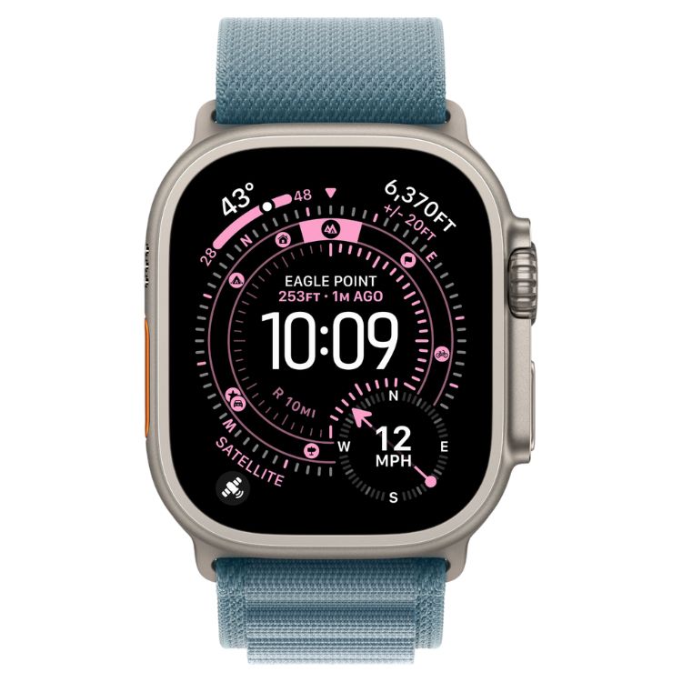 Apple Watch Ultra 3, 49mm, titânio natural, bracelete Loop Alpine azul, ecrã preto com mostrador de bússola e hora 10:09.