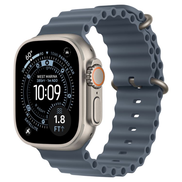 Apple Watch Ultra 3, 49mm, Titânio Natural, bracelete Ocean Azul, ecrã preto com mostrador digital.