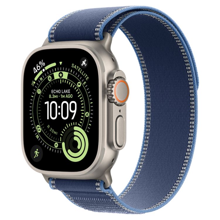 Apple Watch Ultra 3, pulseira Loop Trail azul, titânio natural, 49mm, GPS + Cellular.