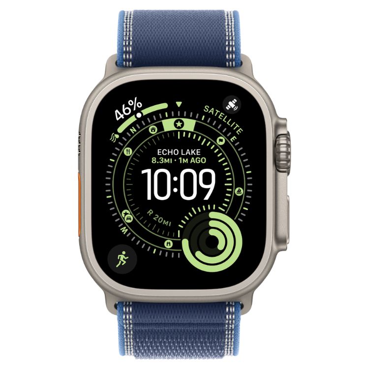 Apple Watch Ultra 3, smartwatch de titânio natural com bracelete Loop Trail azul, 49mm, GPS + Cellular, ecrã preto com mostrador digital verde.