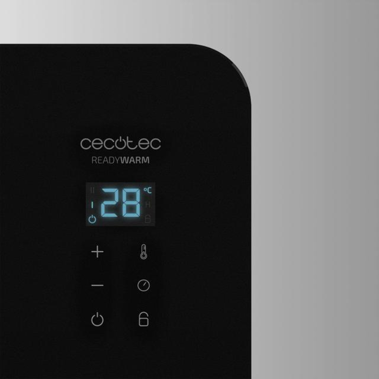 Aquecedor Cecotec Ready Warm 6670 Crystal preto com painel digital e temperatura de 28 graus.