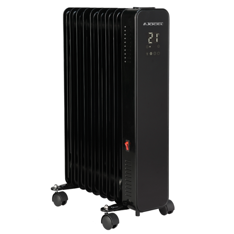 Black Jocel oil-filled radiator heater, 9 elements, digital display, 21°C temperature setting.