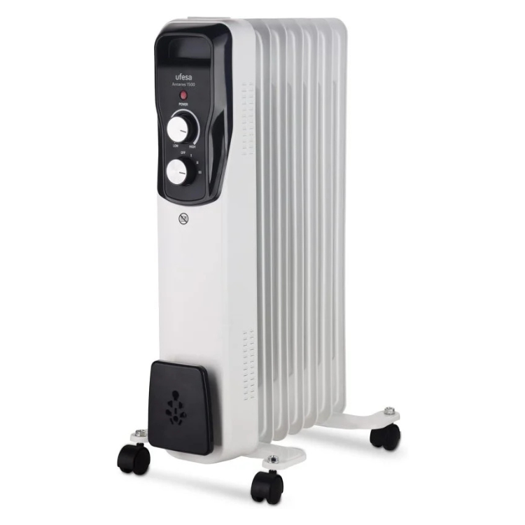 Ufesa Antares 1500 oil electric heater, white with 7 elements and black control panel.