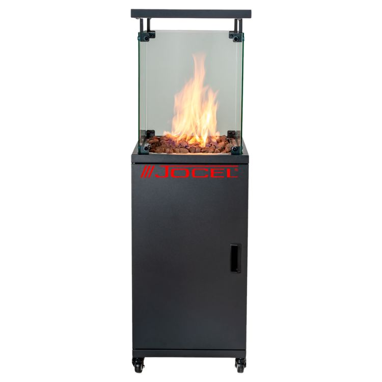 Black Jocel patio heater with glass panel and flames, 13000W.