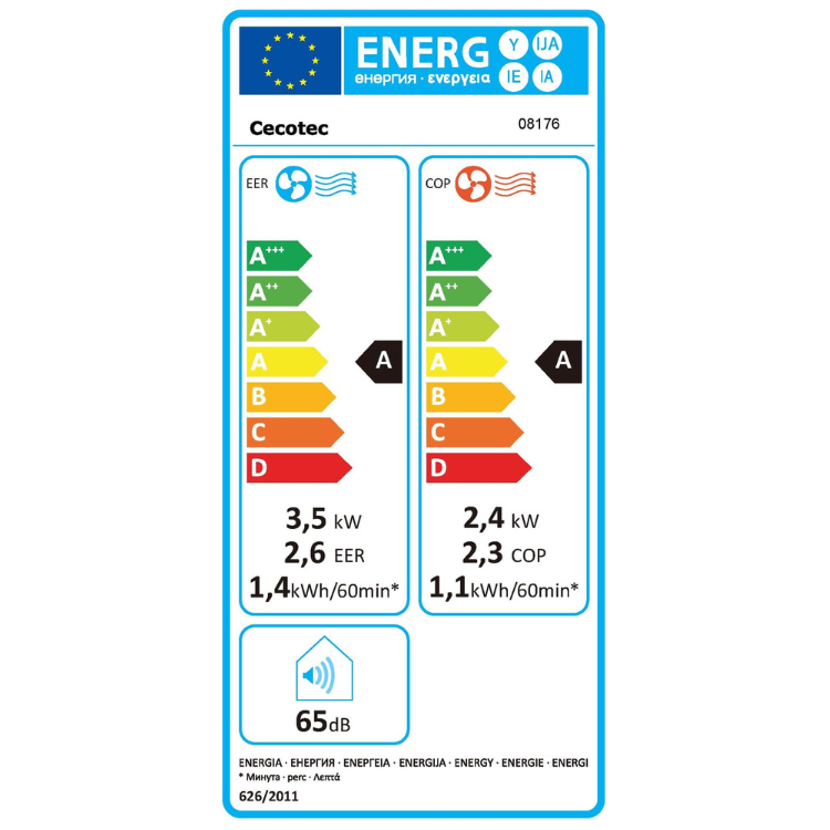 Cecotec energy efficiency label, A+++ to D rating, 65dB, 12000BTU portable air conditioner info.