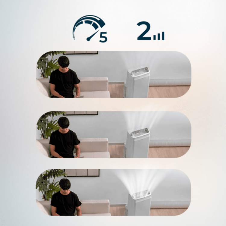 Cecotec ForceClima 12600 portable air conditioner, white, 12000BTU, quiet operation, heating and cooling, man relaxing nearby.