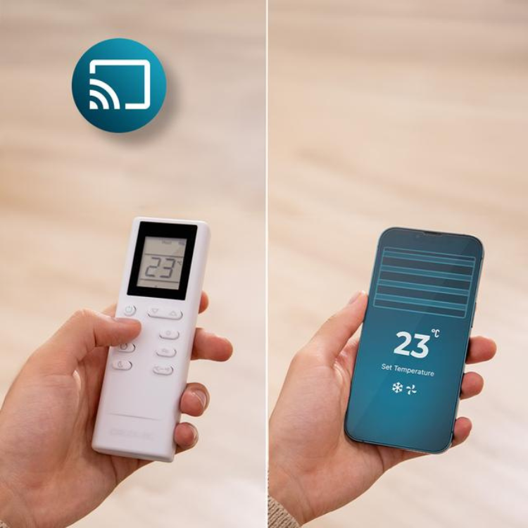 Cecotec ForceClima 12800 portable air conditioner remote and smartphone app, 23°C.