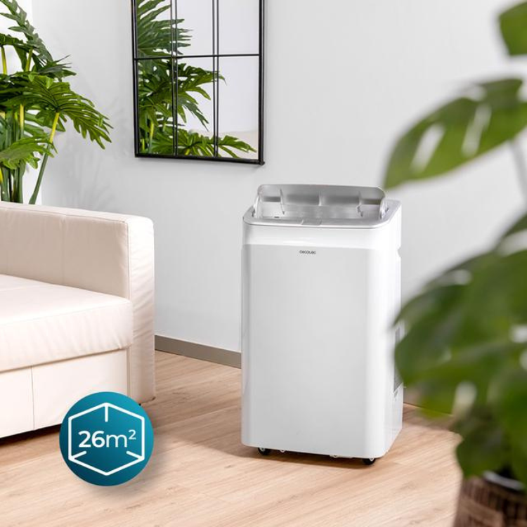 Cecotec ForceClima 12800 portable air conditioner, white, 12000BTU, in a living room.