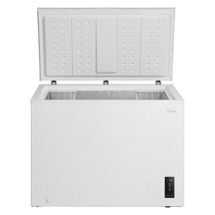 Midea 290L white chest freezer, open lid showing interior baskets, digital control panel on front right.