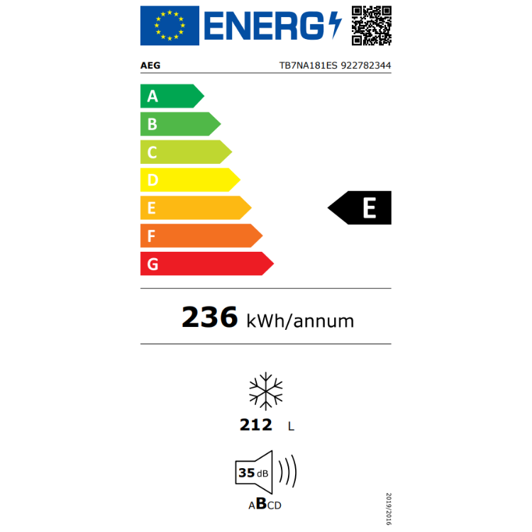 Arca Congeladora Vertical de Encastre AEG TB7NA181ES 212L Branco