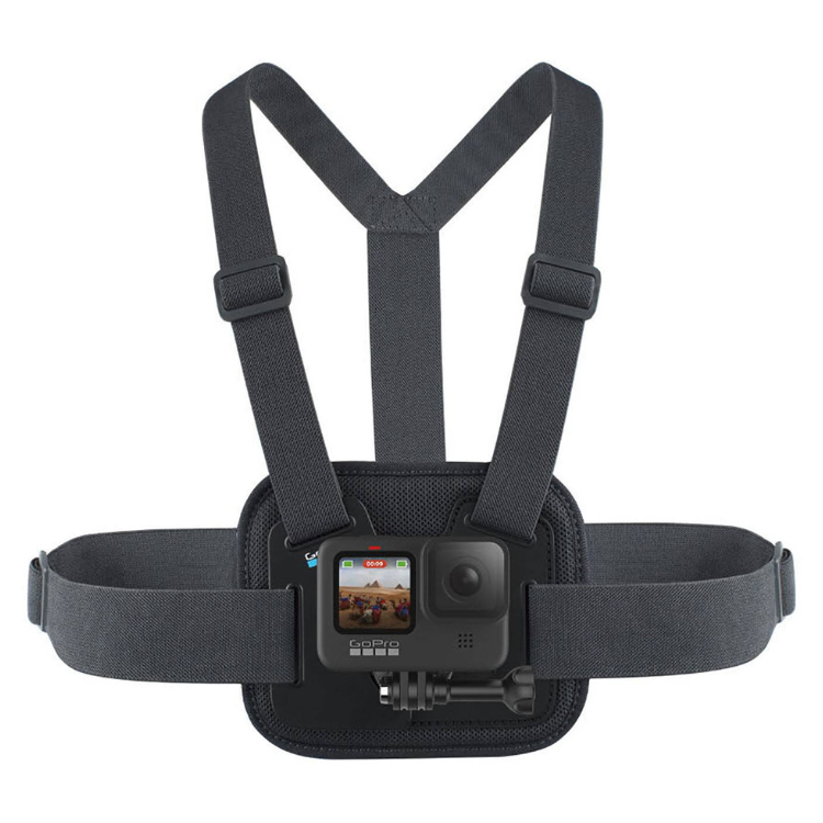Black GoPro Chesty chest mount with camera attached.