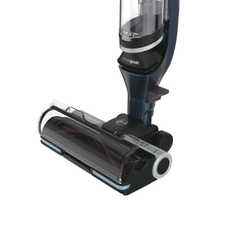 Hoover HFX20P 011 upright vacuum cleaner, blue and black, with clear dust container and visible roller brush.