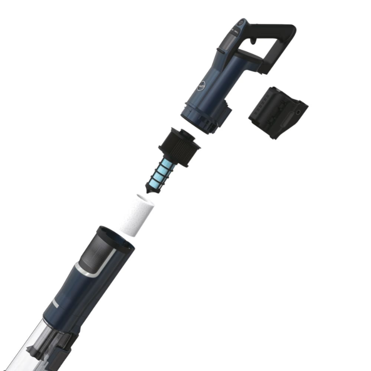 Blue and black handheld vacuum cleaner parts, Hoover HFX20P 011, disassembled.