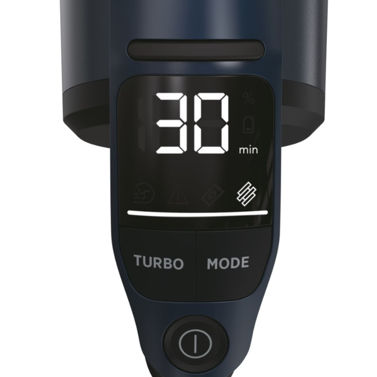 Hoover HFX20P 011 Azul upright vacuum control panel showing 30 minutes, turbo and mode buttons.