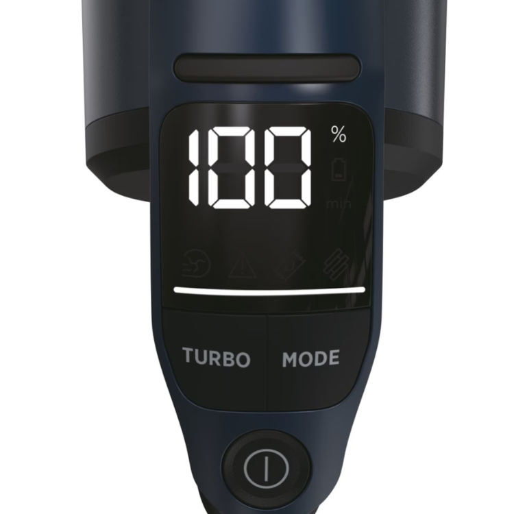 Hoover HFX20P 011 Azul upright vacuum control panel showing 100% battery level.