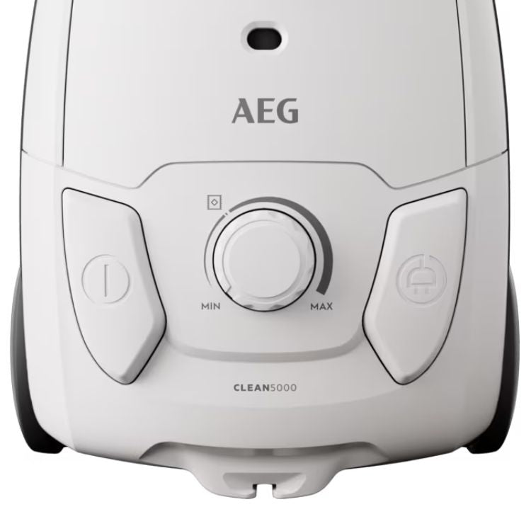 Aspirador AEG Clean 5000 branco com controlo rotativo e botão de ligar/desligar.