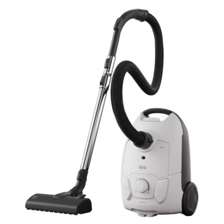Aspirador AEG AB51C2SW branco e preto, com cabo e tubo alongável.