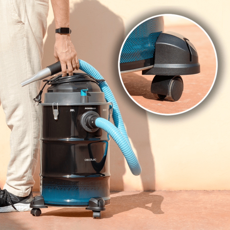 Aspirador de cinzas Cecotec Conga Ash 6000 EasyGo Home XL, preto e azul, com rodas e tubo flexível, para limpeza de cinza e resíduos secos.