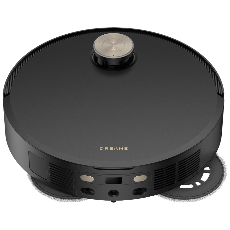 Aspirador robot Dreame X50 preto com mopa e base de carregamento, com detalhes em metal e marca Dreame em dourado.